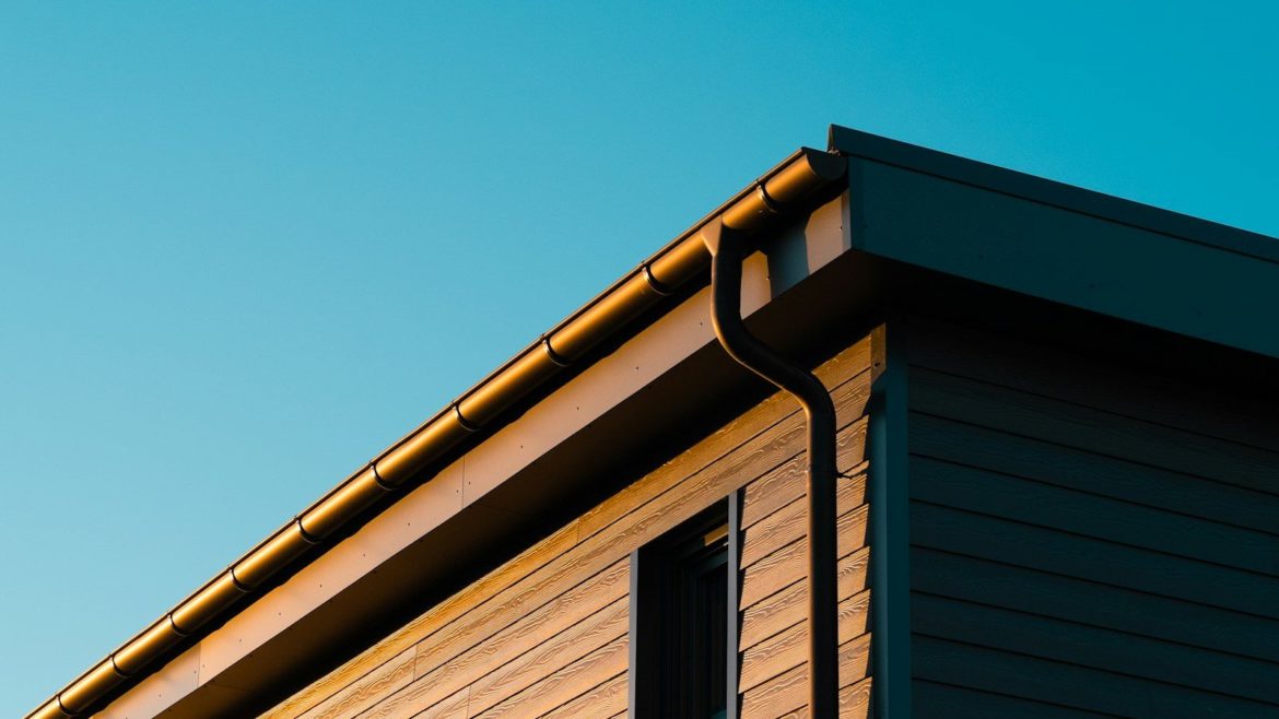 Modern building exterior with clear blue sky